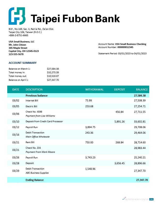 Download Taipai Fubon Bank corporate checking account statement Word and PDF template Photoshop template